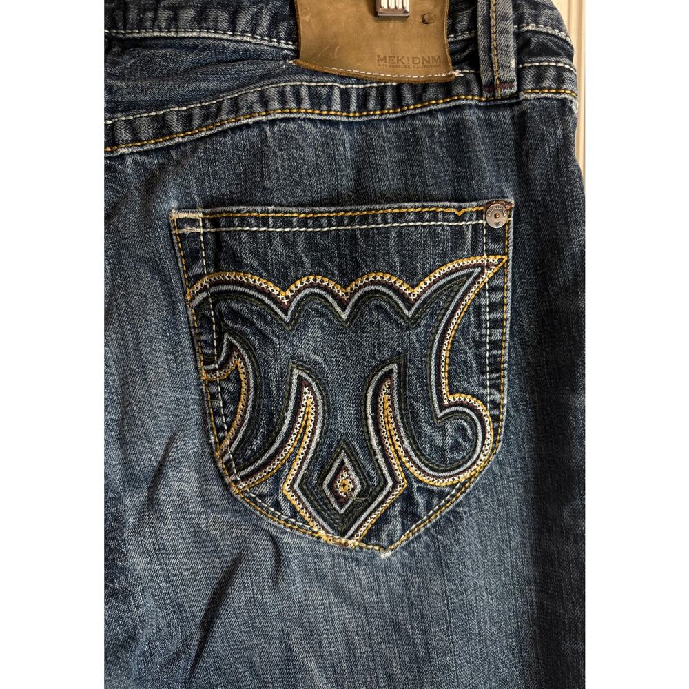 MEK Mens Jean 36x34 Western Slim Boot Raw Hem Distressed Dark Wash Embroidered - Picture 7 of 15